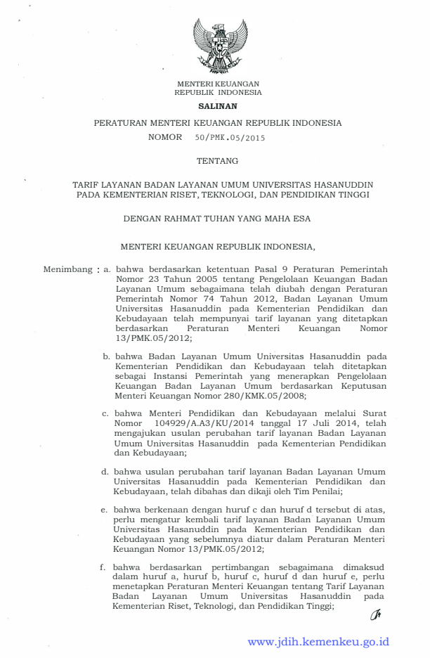 Peraturan Menteri Keuangan Nomor 50/PMK.05/2015