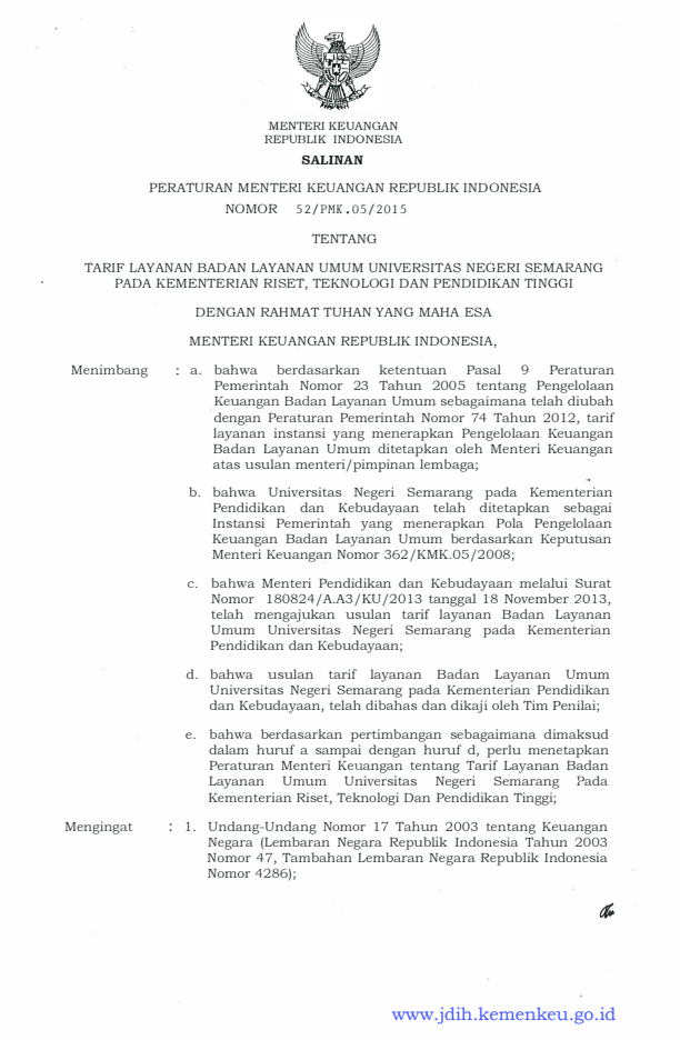 Peraturan Menteri Keuangan Nomor 52/PMK.05/2015