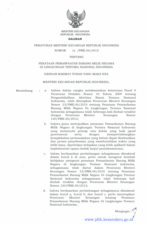 Peraturan Menteri Keuangan Nomor 54/PMK.06/2015