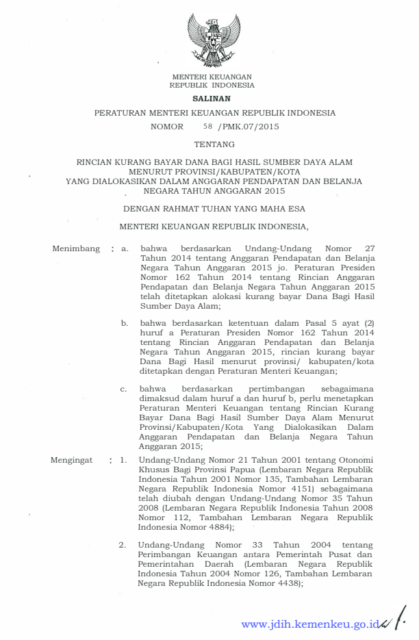 Peraturan Menteri Keuangan Nomor 58/PMK.07/2015