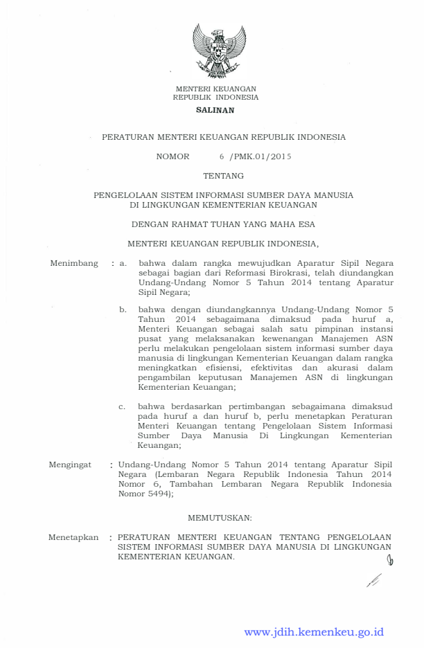 Peraturan Menteri Keuangan Nomor 6/PMK.01/2015