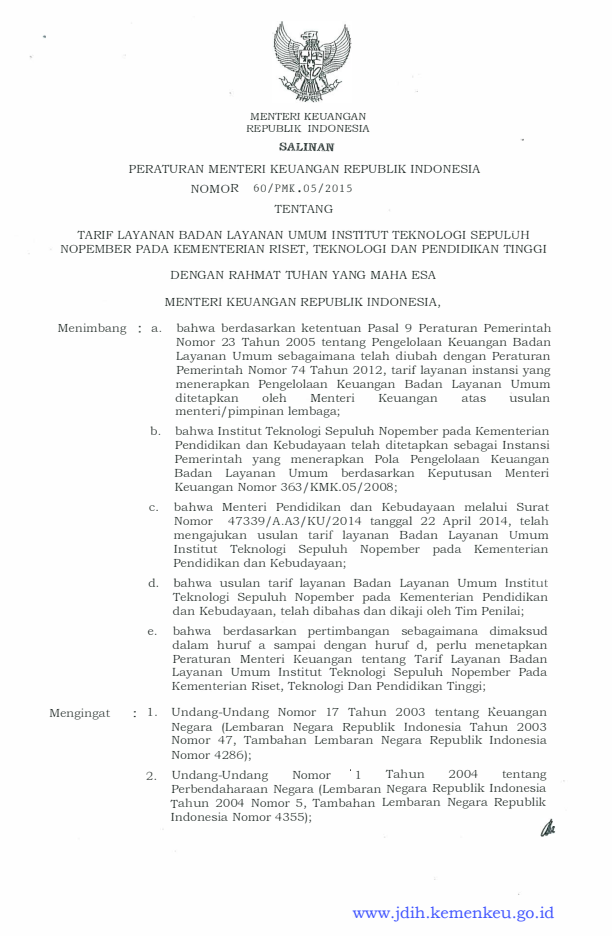 Peraturan Menteri Keuangan Nomor 60/PMK.05/2015