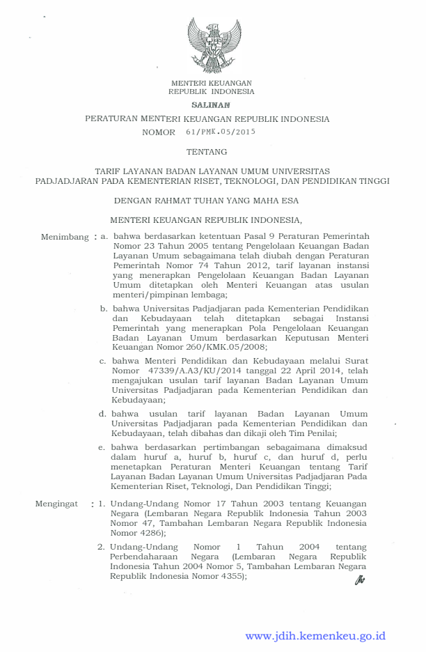 Peraturan Menteri Keuangan Nomor 61/PMK.05/2015