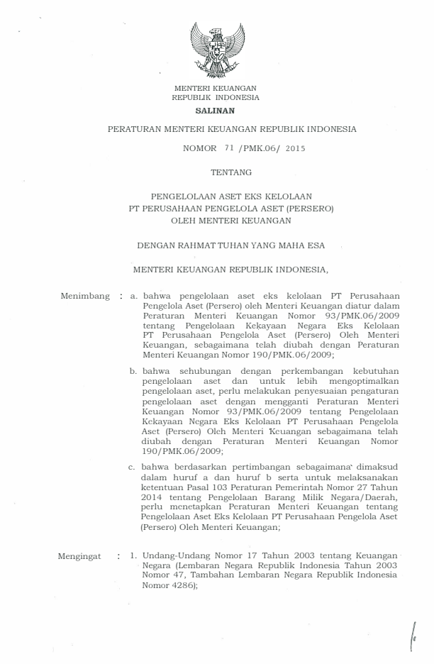 Peraturan Menteri Keuangan Nomor 71/PMK.06/2015