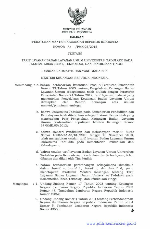 Peraturan Menteri Keuangan Nomor 73/PMK.05/2015