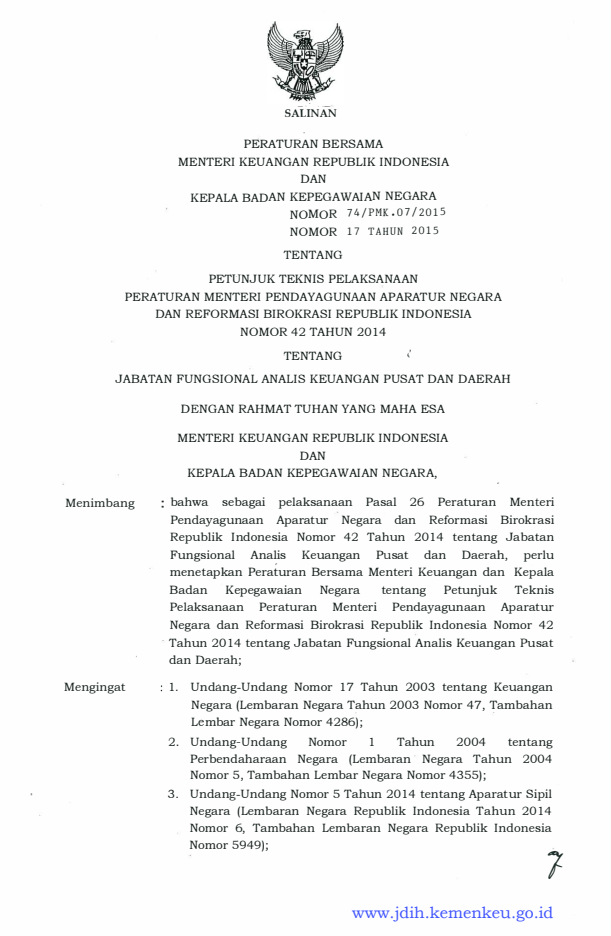 Peraturan Menteri Keuangan Nomor 74/PMK.07/2015