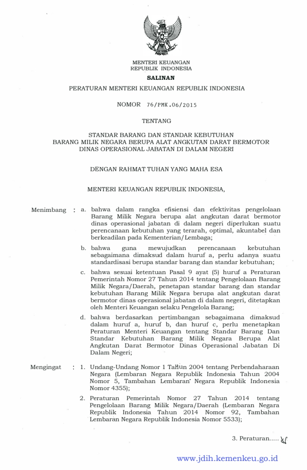 Peraturan Menteri Keuangan Nomor 76/PMK.06/2015