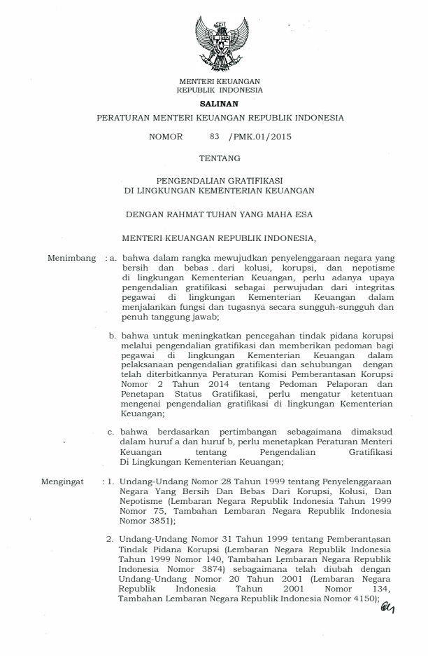 Peraturan Menteri Keuangan Nomor 83/PMK.01/2015