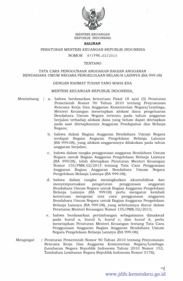 Peraturan Menteri Keuangan Nomor 87/PMK.02/2015