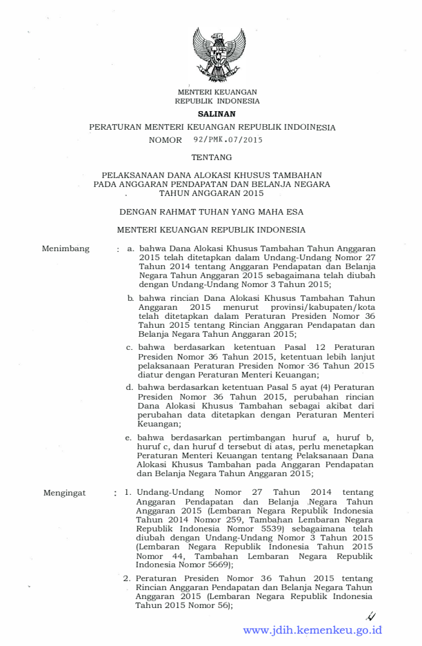 Peraturan Menteri Keuangan Nomor 92/PMK.07/2015