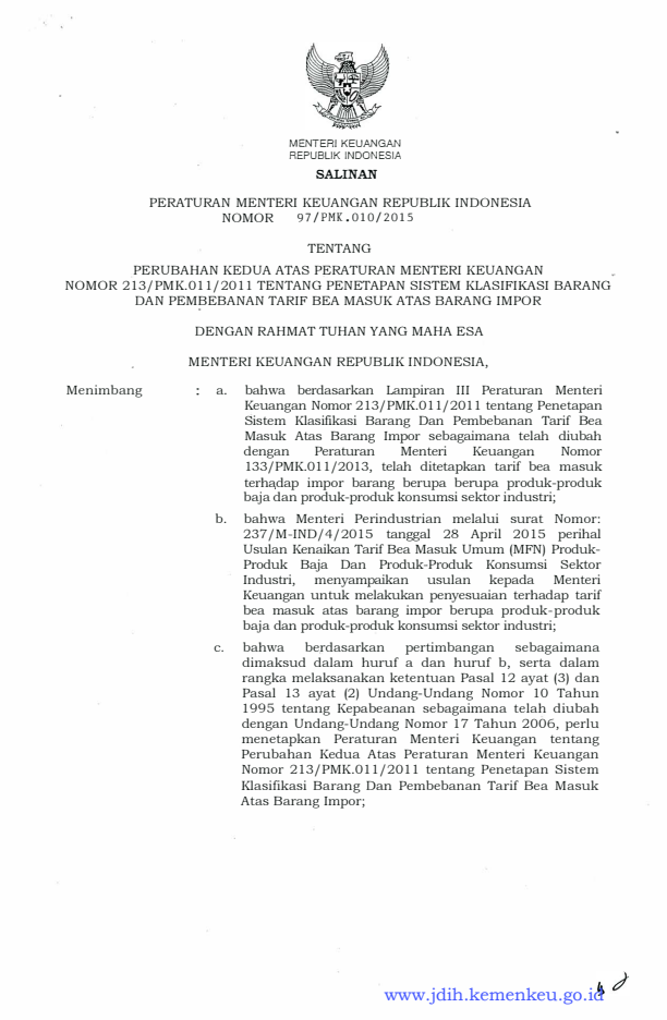Peraturan Menteri Keuangan Nomor 97/PMK.010/2015