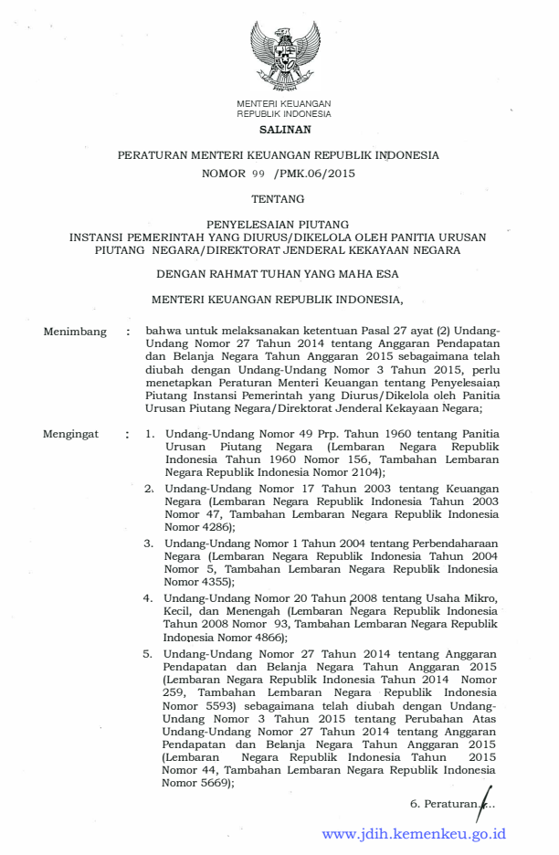 Peraturan Menteri Keuangan Nomor 99/PMK.06/2015