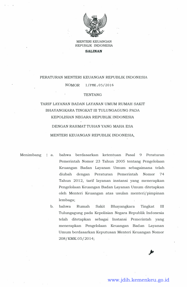 Peraturan Menteri Keuangan Nomor 1/PMK.05/2016