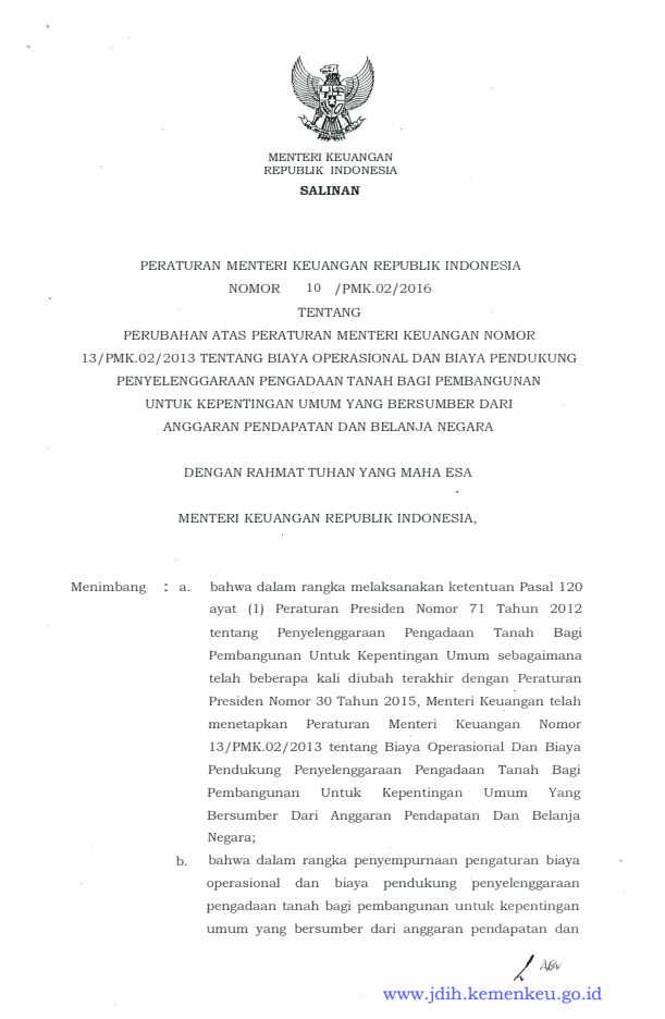 Peraturan Menteri Keuangan Nomor 10/PMK.02/2016