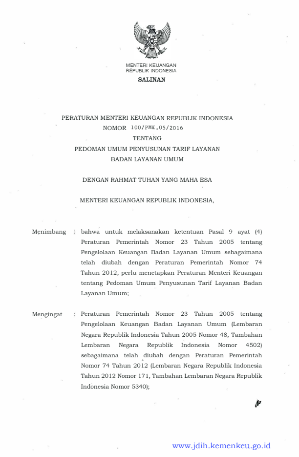 Peraturan Menteri Keuangan Nomor 100/PMK.05/2016