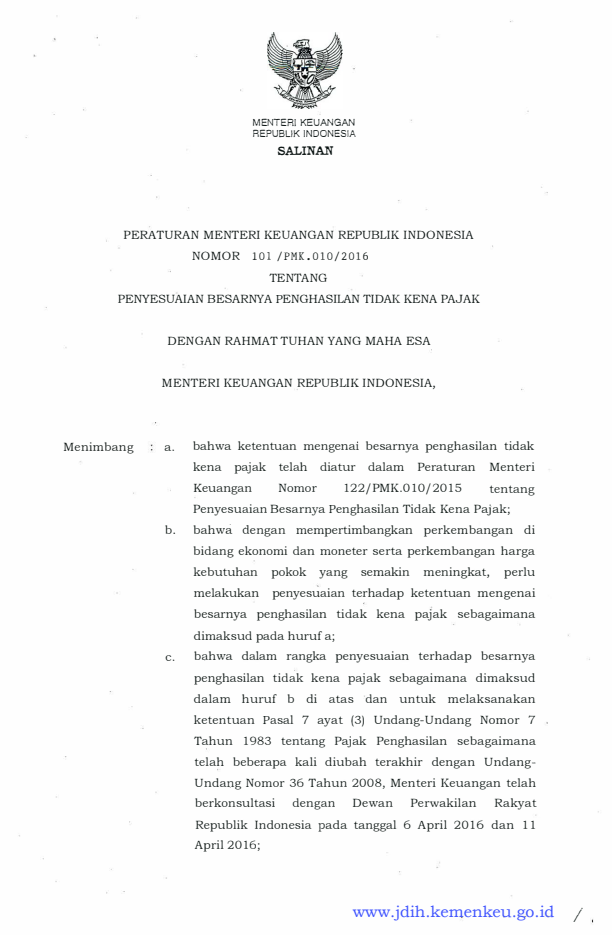 Peraturan Menteri Keuangan Nomor 101/PMK.010/2016