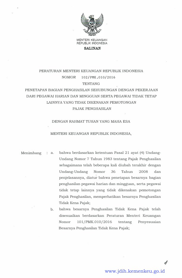 Peraturan Menteri Keuangan Nomor 102/PMK.010/2016