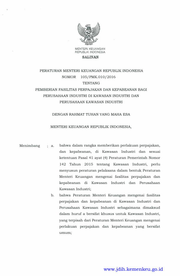 Peraturan Menteri Keuangan Nomor 105/PMK.010/2016