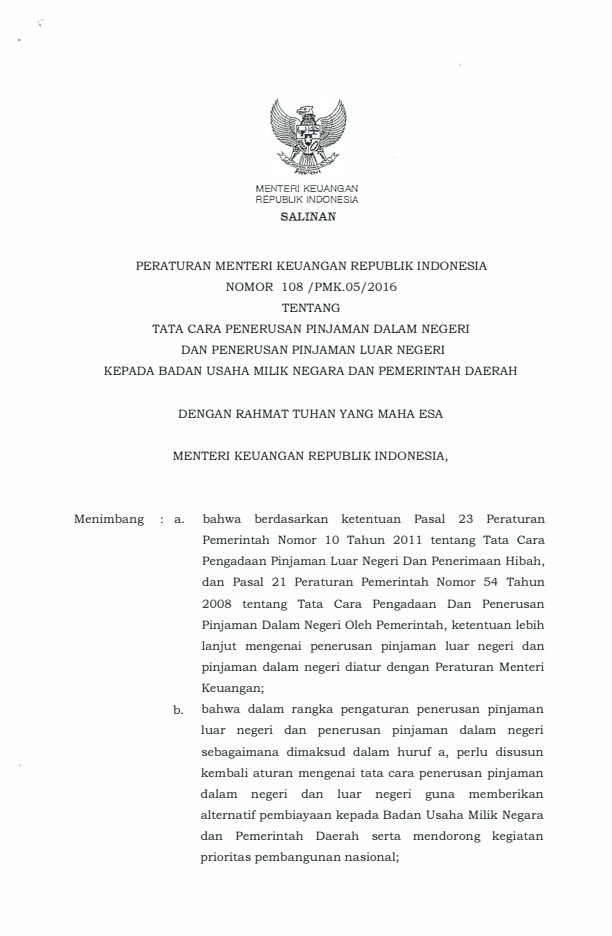 Peraturan Menteri Keuangan Nomor 108/PMK.05/2016