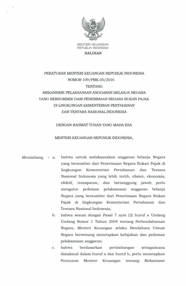 Peraturan Menteri Keuangan Nomor 109/PMK.05/2016