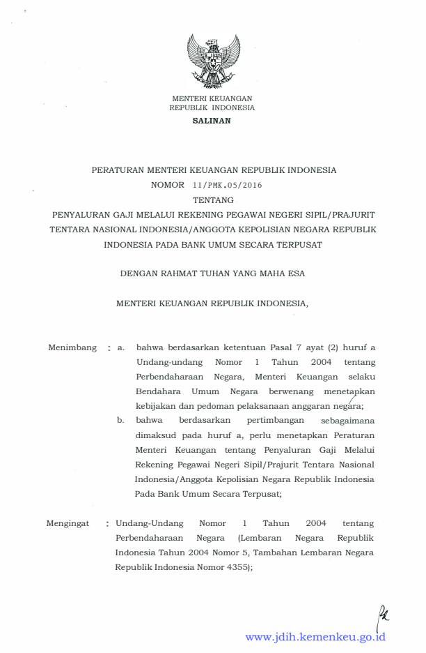 Peraturan Menteri Keuangan Nomor 11/PMK.05/2016