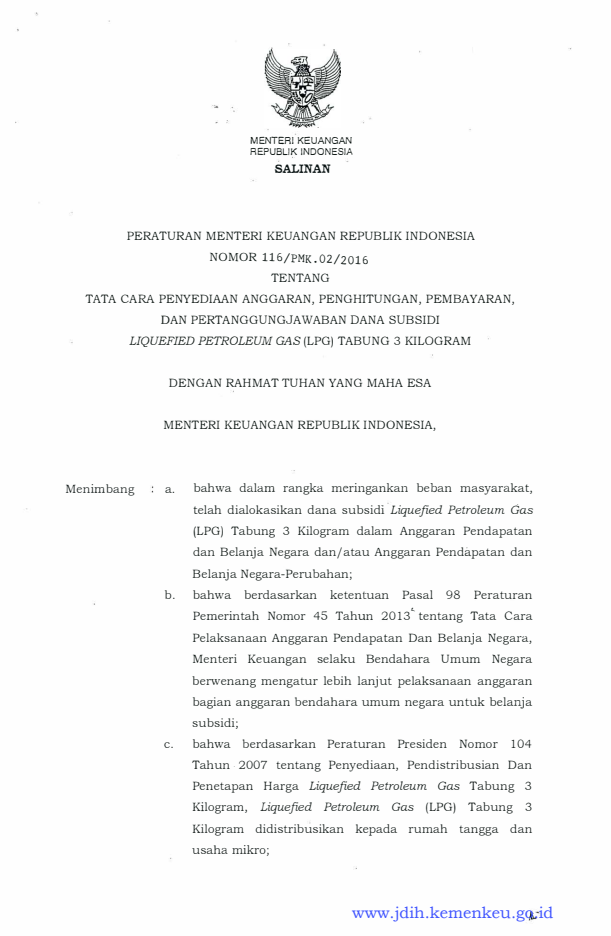 Peraturan Menteri Keuangan Nomor 116/PMK.02/2016