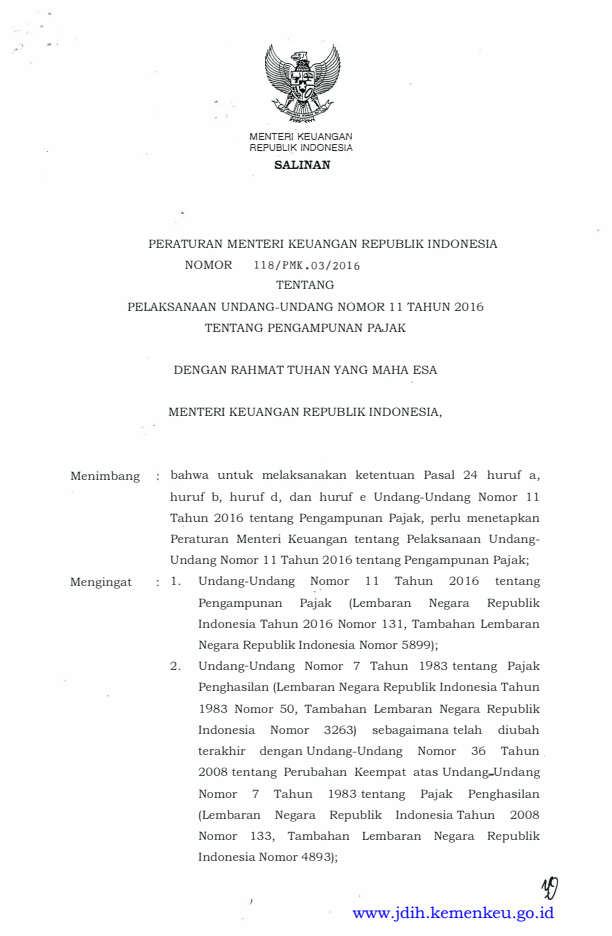 Peraturan Menteri Keuangan Nomor 118/PMK.03/2016