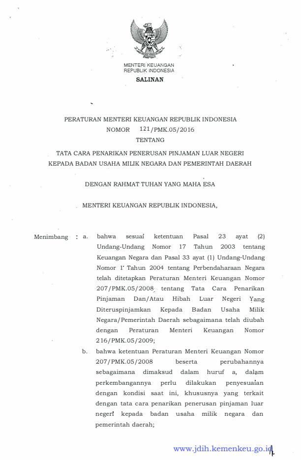 Peraturan Menteri Keuangan Nomor 121/PMK.05/2016