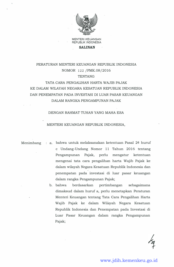 Peraturan Menteri Keuangan Nomor 122/PMK.08/2016