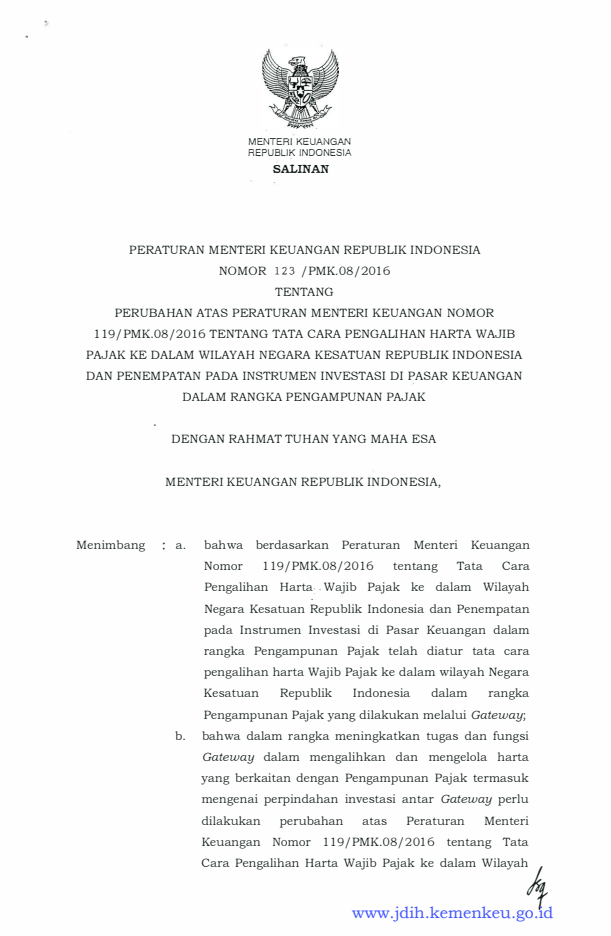 Peraturan Menteri Keuangan Nomor 123/PMK.08/2016