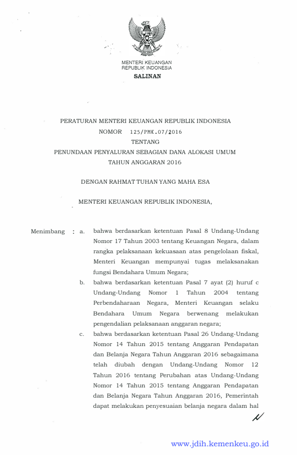 Peraturan Menteri Keuangan Nomor 125/PMK.07/2016