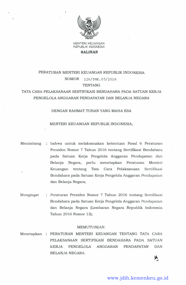 Peraturan Menteri Keuangan Nomor 126/PMK.05/2016