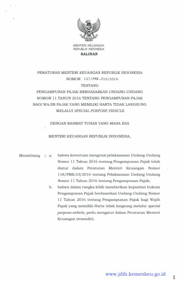 Peraturan Menteri Keuangan Nomor 127/PMK.010/2016