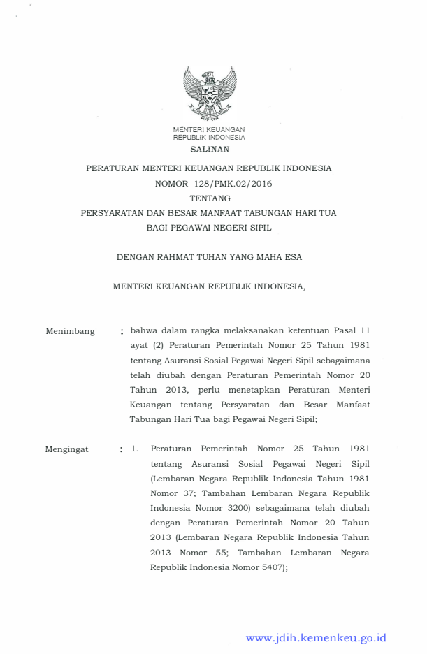 Peraturan Menteri Keuangan Nomor 128/PMK.02/2016