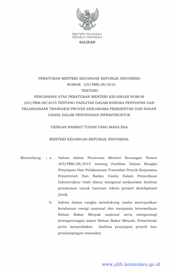 Peraturan Menteri Keuangan Nomor 129/PMK.08/2016