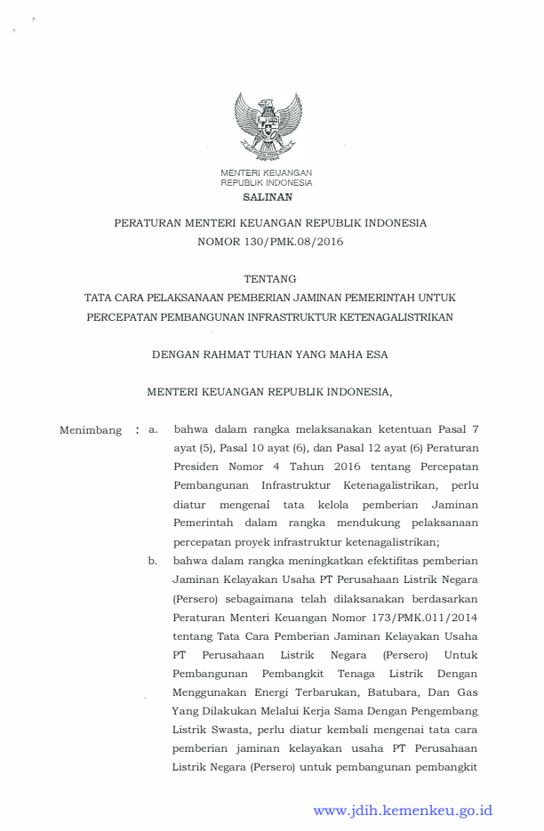 Peraturan Menteri Keuangan Nomor 130/PMK.08/2016