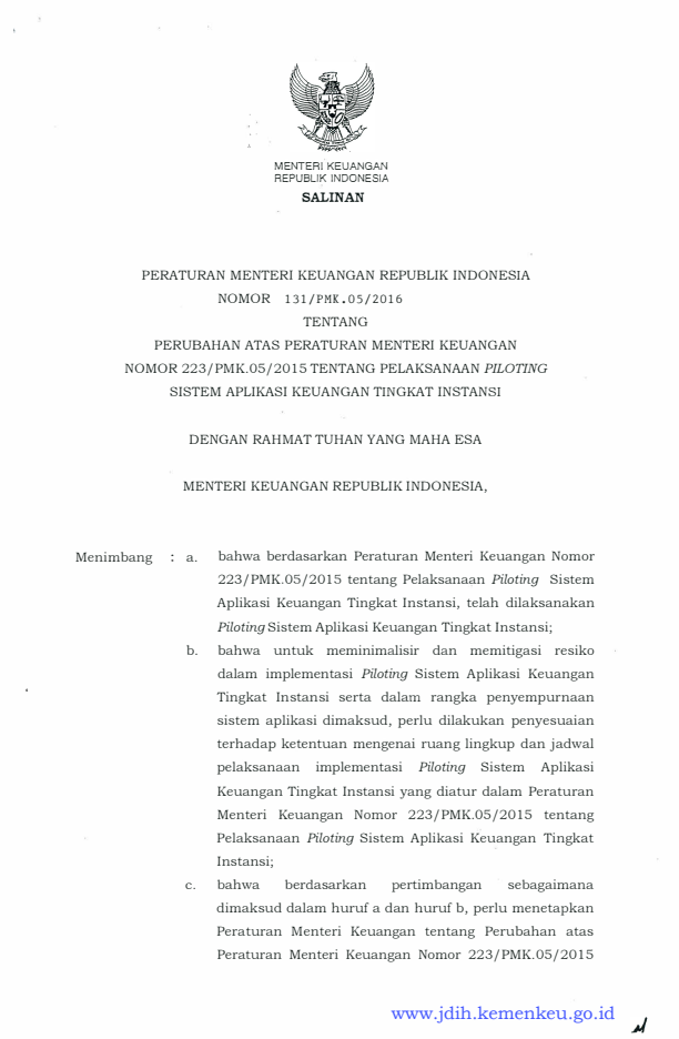 Peraturan Menteri Keuangan Nomor 131/PMK.05/2016