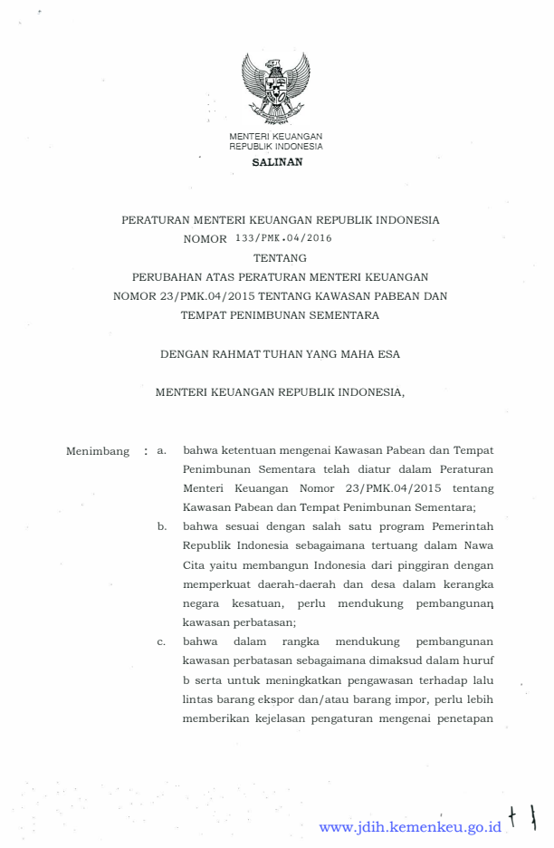 Peraturan Menteri Keuangan Nomor 133/PMK.04/2016