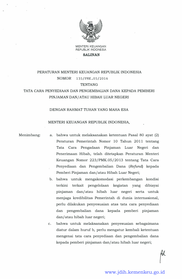 Peraturan Menteri Keuangan Nomor 135/PMK.05/2016