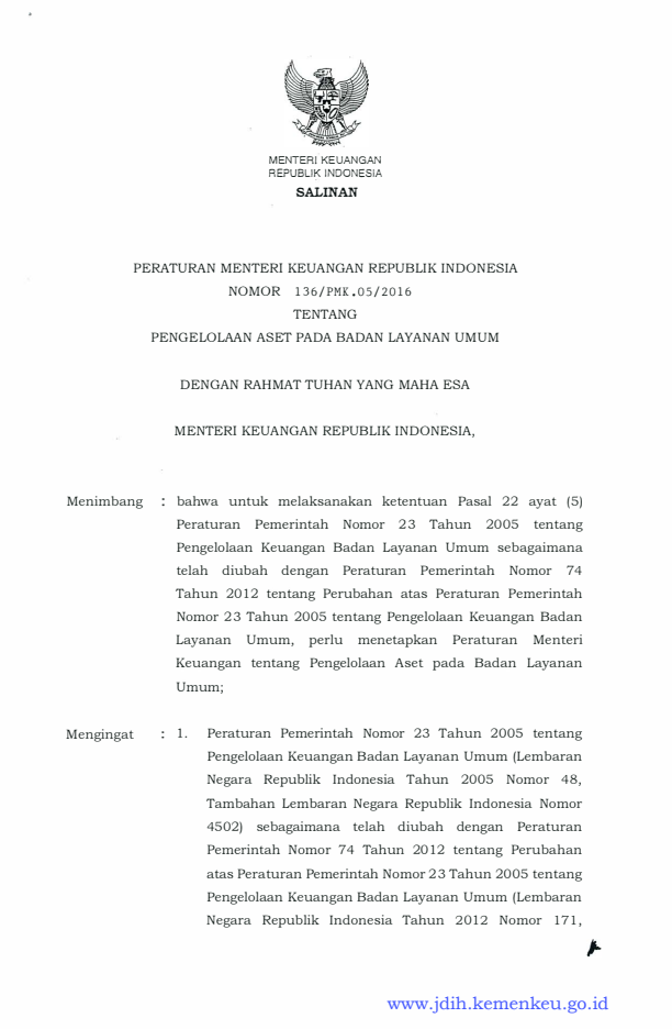 Peraturan Menteri Keuangan Nomor 136/PMK.05/2016