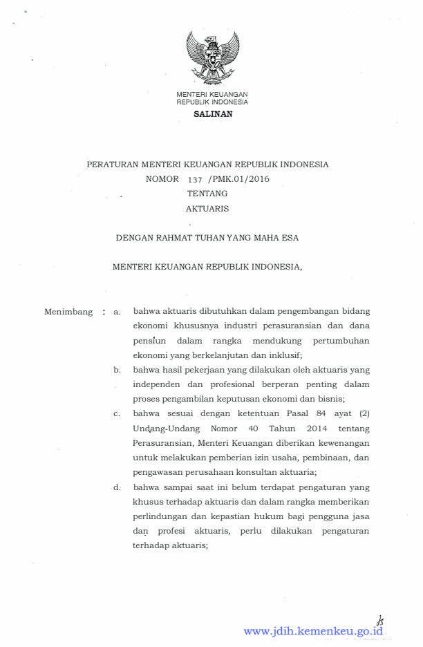 Peraturan Menteri Keuangan Nomor 137/PMK.01/2016