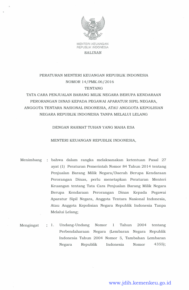 Peraturan Menteri Keuangan Nomor 14/PMK.06/2016