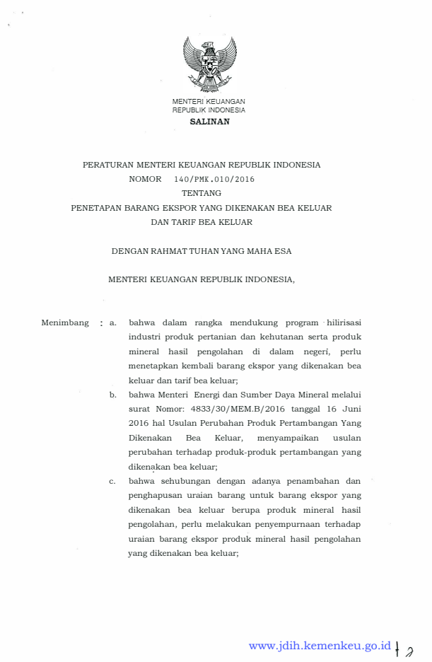 Peraturan Menteri Keuangan Nomor 140/PMK.010/2016