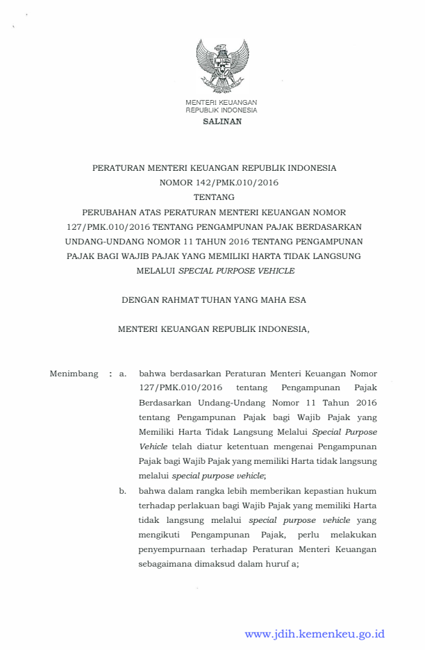 Peraturan Menteri Keuangan Nomor 142/PMK.010/2016