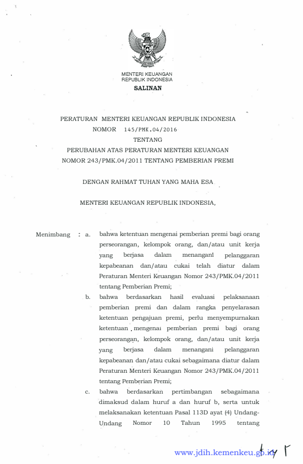 Peraturan Menteri Keuangan Nomor 145/PMK.04/2016