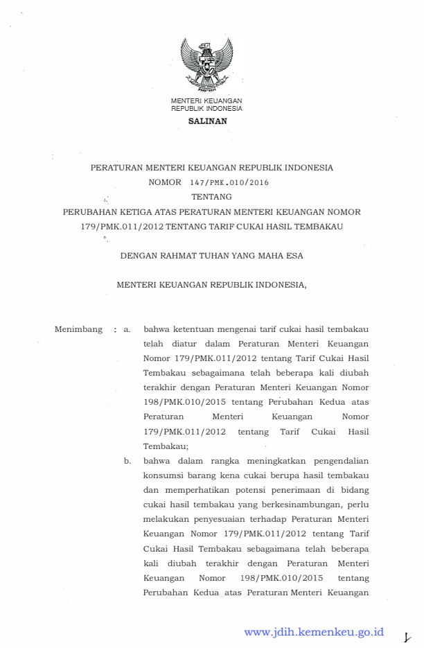 Peraturan Menteri Keuangan Nomor 147/PMK.010/2016