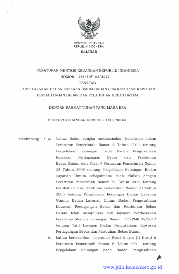 Peraturan Menteri Keuangan Nomor 148/PMK.05/2016