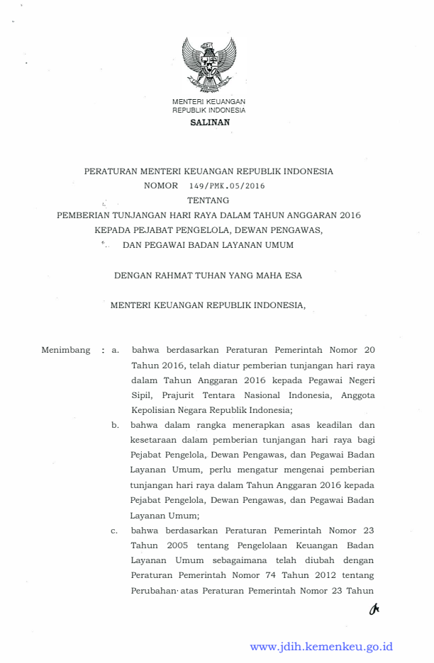 Peraturan Menteri Keuangan Nomor 149/PMK.05/2016