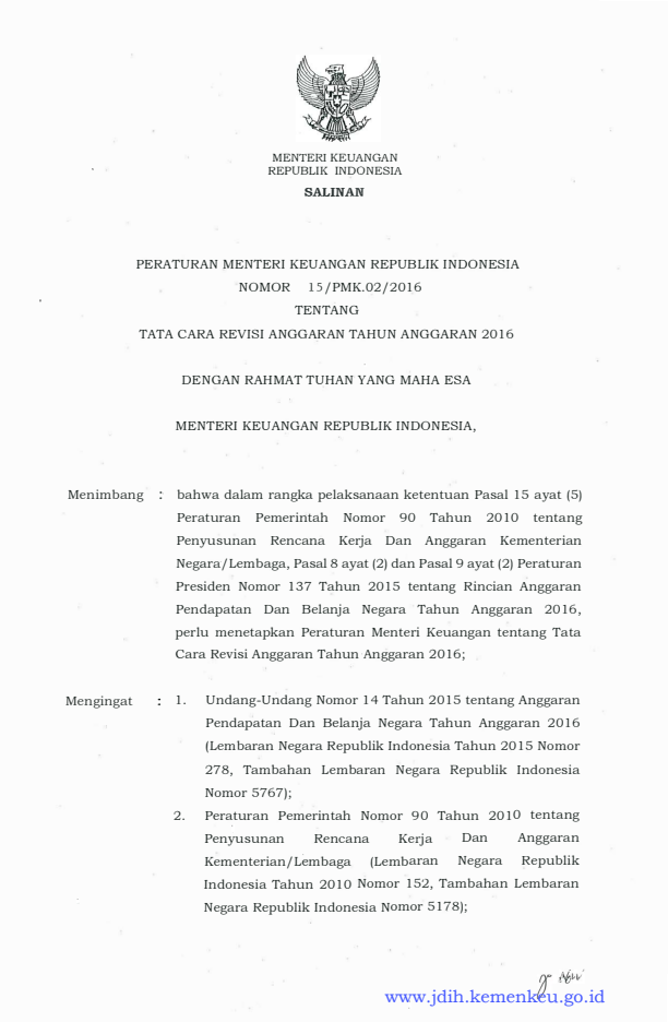 Peraturan Menteri Keuangan Nomor 15/PMK.02/2016