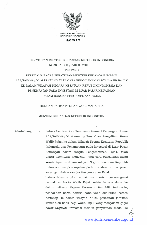 Peraturan Menteri Keuangan Nomor 151/PMK.08/2016